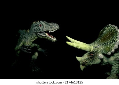 Raptor attacks Triceratops. Raptor and Triceraptor on a black background. Herbivorous and carnivorous dinosaurs