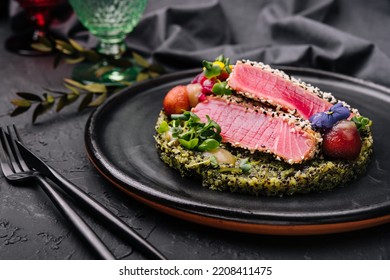 Rare Ahi Tuna Steak Slices With Fresh Herbs