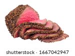 Rare cooked roasted pepper and salt covered beef rump joint also known as a picanha cut and sirloin cap meat cut isolated on a white background