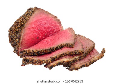 Rare Cooked Roasted Pepper And Salt Covered Beef Rump Joint Also Known As A Picanha Cut And Sirloin Cap Meat Cut Isolated On A White Background