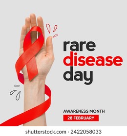 Rare Disease Day, Rare Disease Day Banner Background. Red  ribbon for the world rare disease day on 28th of February. On a world map background.