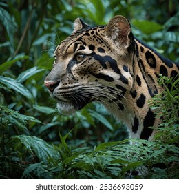 Rare and elusive Formosan clouded leopard, a mysterious wild cat native to Taiwan’s forests, known for its distinctive cloud-like coat patterns. - Powered by Shutterstock - Get 15% off with code: PIKWIZARD15