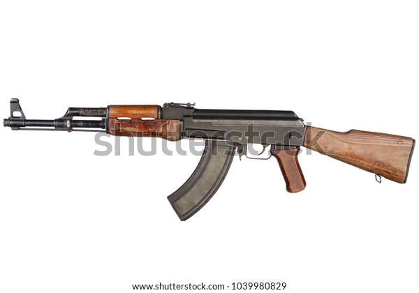 Rare\
first model AK - 47 assault rifle isolated on\
white