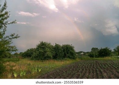 A rare optical phenomenon, a charming double rainbow appeared in the sky among rain clouds over a green field. A double rainbow is considered a harbinger of a bright streak in life. - Powered by Shutterstock