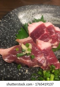 Rare And Raw Horse Meat,uma Niku, Horse Sashimi Or Basashi Or Sakura Niku In Japanese,considered A Delicacy In Japan As Local Japanese Don't Eat It Regularly, For Special Occasion Dinner In Restaurant