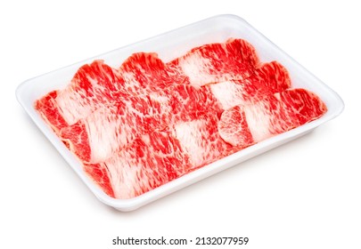 Rare Sliced Wagyu Beef With Marbled Texture In Package, Meat Red Beef On Black Background, Asian BBQ Food Style.