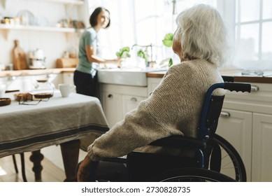 Rare view image with selective focus on old disabled female in wheelchair talking to her home assistant or caregiver cleaning kitchen or cooking dinner standing next to window in front of counter