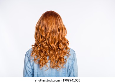 Rare View Photo Of Woman With Red Curly Hair Wearing Casual Jeans Jacket Isolated On White Color Background