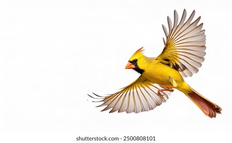 Rare yellow male Northern Cardinal - Cardinalis cardinalis -  a genetic mutation in flight flying with wings extended showing feathers with head crest. Isolated on white or light background - Powered by Shutterstock