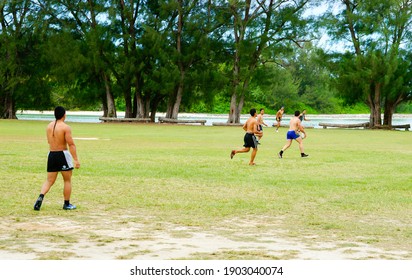 Rarotonga Cook Islands - November 3 2010; Group Of Young Maori Males Playing Rugby For Fun.