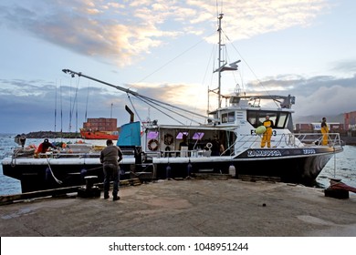 RAROTONGA - DEC 12 2017:Fishing Trawling Boat Arrives At Ports Of Avatiu Rarotonga. Cook Islands Exclusive Economic Zone Territorial Waters Stretches For Nearly 2 Million Square Km (772,395 Sq).