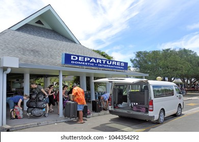 RAROTONGA - DEC 13 2017:Group Of Tourists Arriving At Rarotonga International Airport. More Than 122,000 People Visit The Cook Islands Every Year