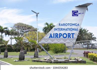 RAROTONGA - DEC 13 2017:Rarotonga International Airport Sign. More Than 122,000 People Visit The Cook Islands Every Year