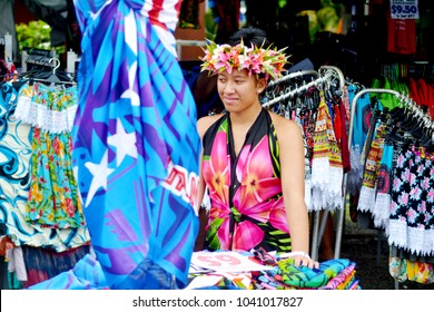 RAROTONGA - DEC 23 2017:Pacific Islander Woman Sale Cloths At Punanga Nui Market In Avarua Town, Cook Islands.Punanga Nui Market Is One Of The Highly Regarded Traditional Markets In The South Pacific.