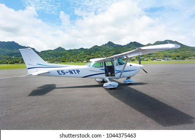 RAROTONGA - JAN 12 2018:Cessna 172 Skyhawk in Rarotonga Airport Cook Islands. Measured by its longevity and popularity, the Cessna 172 is the most successful aircraft in history.