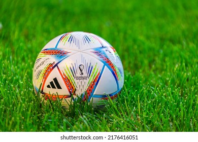 Ras Abu Aboud, Qatar. Jul 6, 2022. An Adidas Al Rihla Football On A Mini Football Soccer On A Field With Green Grass. Concept: 2022 FIFA World Cup Qatar