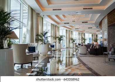 Ras Al Khaimah. Summer 2016. Bright and modern interior the hotel Waldorf Astoria Ras Al Khaimah. Arab classic, marble floor, luxurious interior.