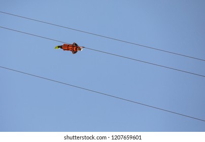 Ras Al Khaimah, UAE,  13th October, 2018: Person Sliding Down Jebel Jais Mountain Via World's Longest Zip Line.