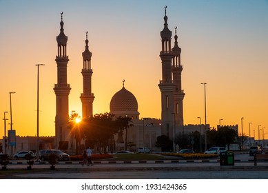 Ras al Khaimah, United Arab Emirates - January 13, 2021: Sheikh Zayed Mosque in Ras Al Khaimah at sunset, the heart of northern emirate of the United Arab Emirates