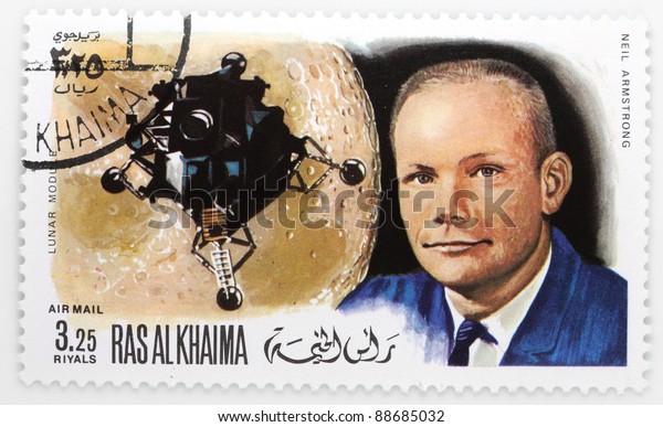 RAS AL-KHAIMAH - CIRCA 1979: A stamp printed in The\
Ras al-Khaimah shows The Neil Armstrong it is the first person to\
set foot on the surface of the moon with spaceship Apollo 11, circa\
1979.