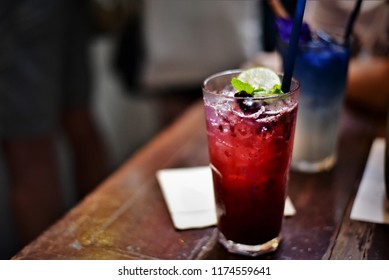 Rasberry Ice Tea Decorated With Lime Slice,Asian Soft Drink,Thailand.