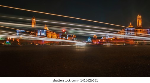 The Rashtrapati Bhavan During Night Time With Light Trails.