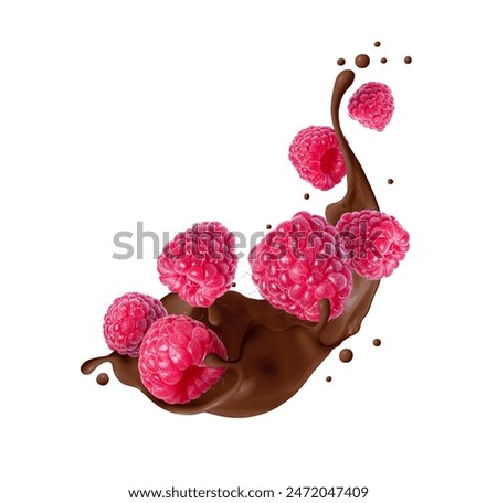 Raspberries in chocolate splashes isolated on a white background