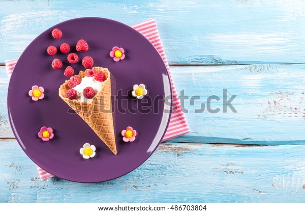 Raspberries Cottage Cheese Ice Cream Cone Stock Photo Edit Now