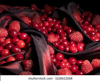 Raspberries and Cranberries on satin cloth background low key single light source. 