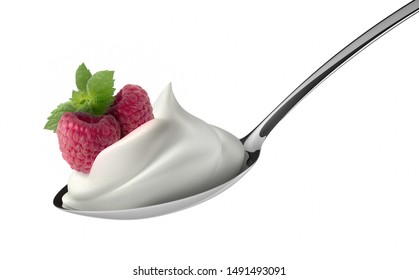 Raspberries With Whipped Cream On A Spoon