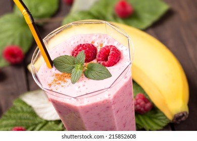 Raspberry Banana Smoothie With Mint Closeup Shot