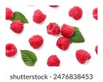 Raspberry berries with leaves close-up, background. Seamless pattern