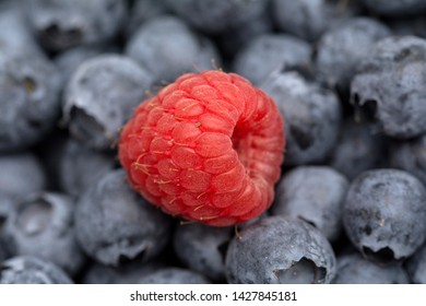 raspberry and blueberries in closeup