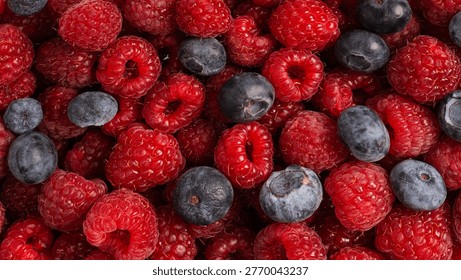 Raspberry, blueberry as a background.  Top view.