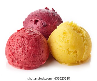 Raspberry, Blueberry And Mango Ice Cream Sorbet Balls Isolated On White Background