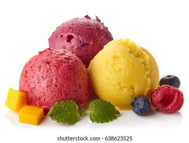 Raspberry, Blueberry And Mango Ice Cream Sorbet Balls Isolated On White Background