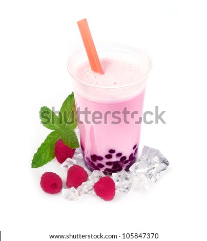 Raspberry Boba Bubble Tea with fruits and crushed ice.