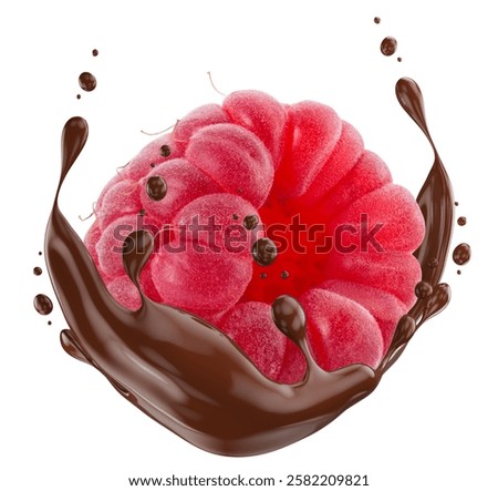 raspberry in chocolate splash isolated on a white background.