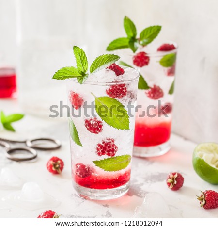 Raspberry Cocktail with Syrup, Fizzy Water and Mint, square