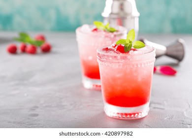 Raspberry Crushed Ice Cold Refreshing Cocktail With Mint