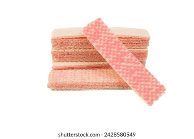 Raspberry flavored wafer biscuits, isolated on white background. Selective focus, soft focus