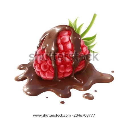 Raspberry fruit dipped in chocolate, isolated on white