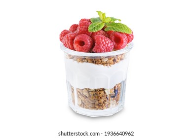 Raspberry Greek Yogurt Granola Parfait In A Glass On A White Isolated Background. Toning. Selective Focus