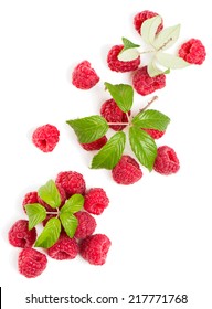  Raspberry Heap With Green Leaves Close Up Top View Surface Isolated On White Background 