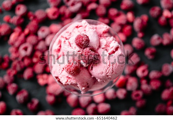 Raspberry\
Ice Cream in Bowl, Overhead Shot, Close-up\
View