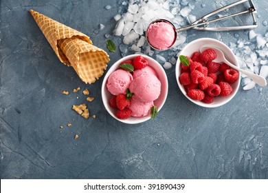 Raspberry Ice Cream In White Bowl Overhead Shot