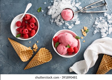 Raspberry Ice Cream In White Bowl Overhead Shot