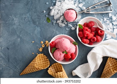 Raspberry Ice Cream In White Bowl Overhead Shot