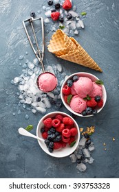 Raspberry Ice Cream In White Bowl Overhead Shot