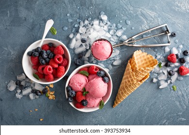 Raspberry ice cream in white bowl overhead shot - Shutterstock ID 393753934